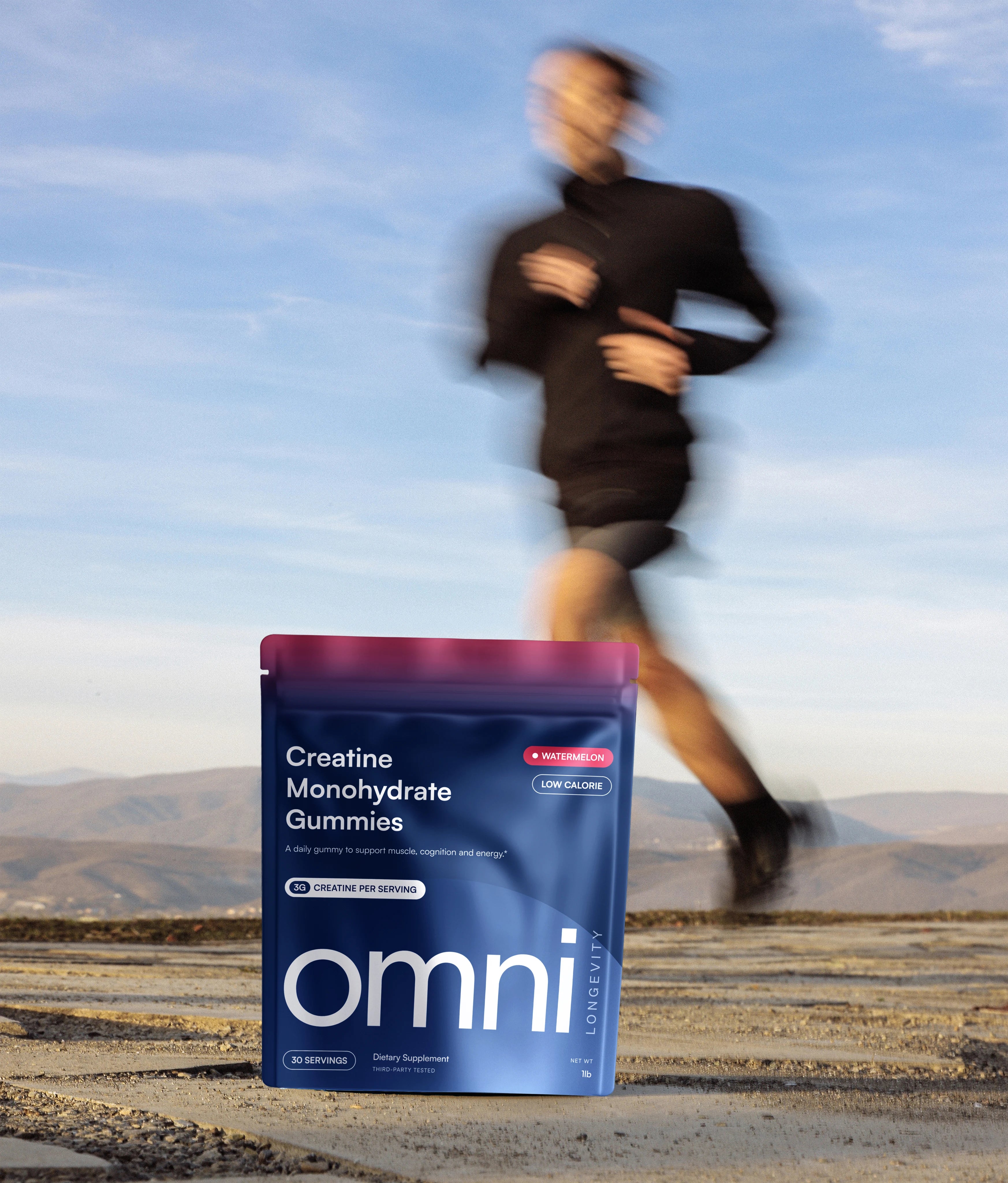 OMNI creatine gummies with athlete background